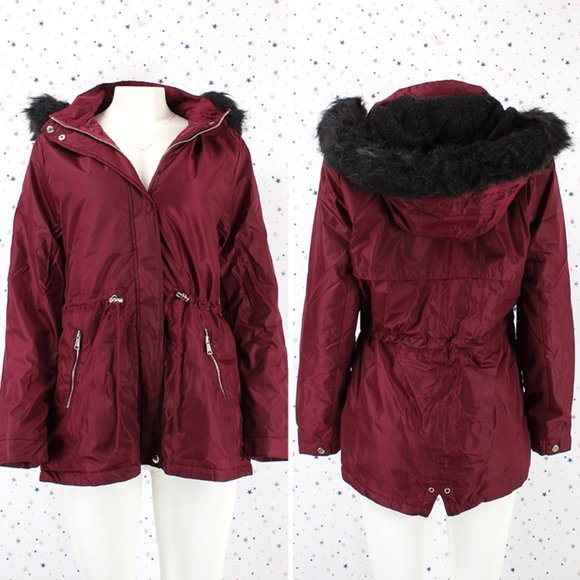 NWT with Defect Burgundy Fur lined Hood Anorak Parka Jacket - Picture 1 of 14